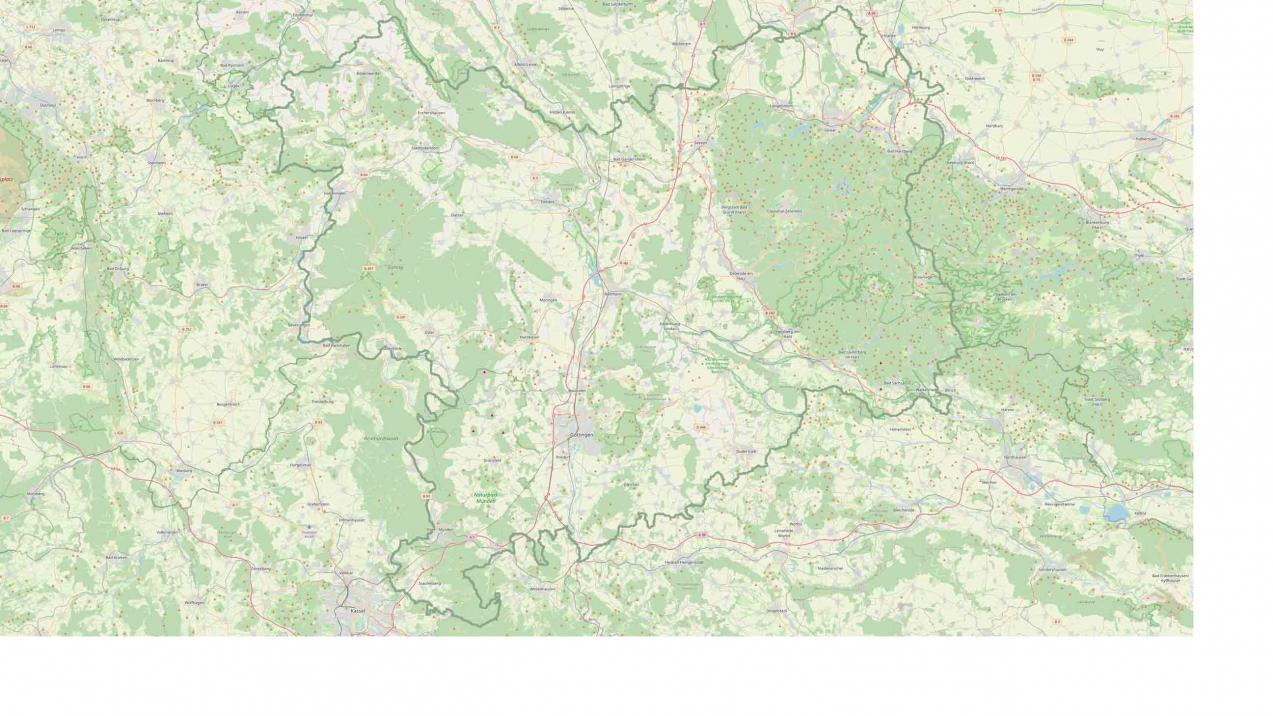 Das Bild zeigt einen Kartenausschnitt der Open Street Map mit den Außengrenzen der vier Landkreise in Südniedersachsen